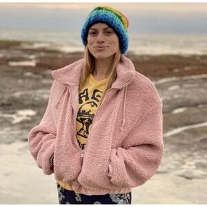 NWT Pink Faux Fur Sherpa Teddy Bear  Coat jacket Plush Texture‎ Cozy LARGE